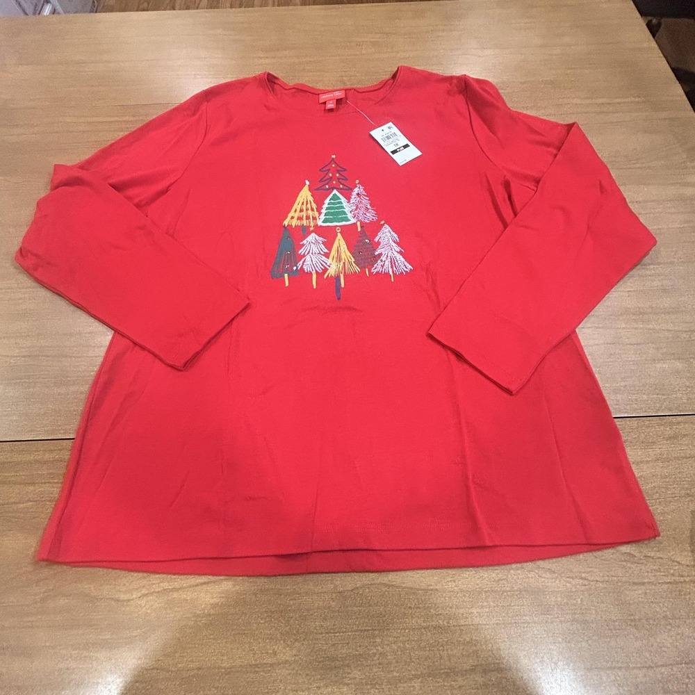 Holiday Lane Christmas Tree Shirt Womens Plus 1X Red L/S Glitter Sequin NWT XMAS